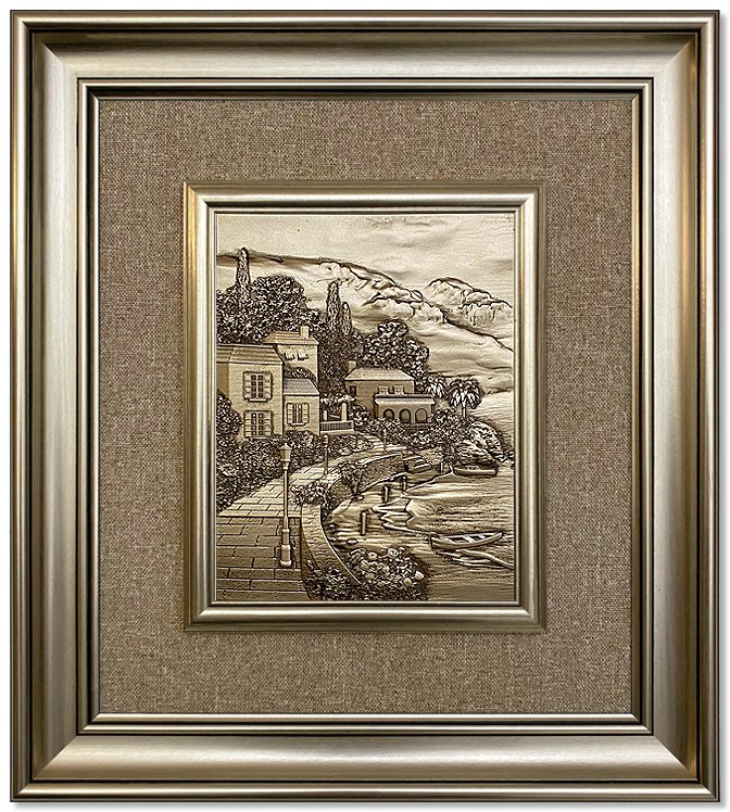 Modern  3D Sculpture Tableau - small - sea with mountain - silver